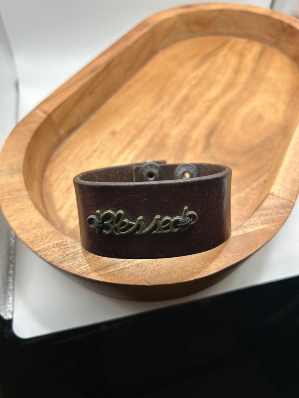Brown Leather 'Blessed' Cuff Bracelet - Statement Accessory - Picture 3 of 3